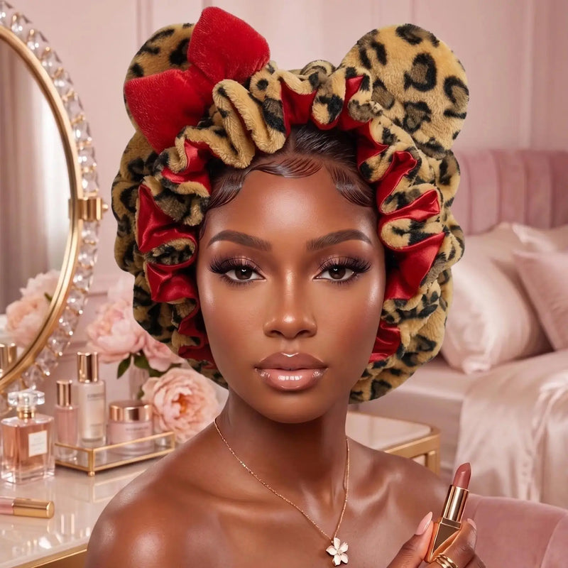 Women'S Plush Satin Bonnet - Double-Layered Curly Hair Nightcap with Cute Animal Ears & Bow, All Seasons Hair Protection Sleep Cap, Friction-Free, Hidden Adjustable Strap, Sports Headband Accessory, Women'S Gift, Heatless, Sporty Sports Headbands