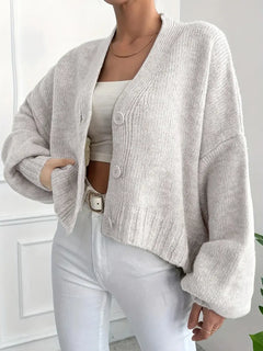 Women'S Elegant V-Neck Loose Fit Long Sleeve Knitted Cardigan, Lantern Sleeve Drop Shoulder Button Front Cardigan, Casual Outerwear for Fall & Winter, Knitwear, Womenswear, Clothes