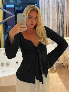 Women'S Solid Knot Front Split Hem Tee, Casual Chic Basic Feminine Long Sleeve Sweetheart Neck T-Shirt for Fall, Women'S Clothing for Daily Wear Top
