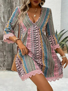Lace Trim Printed V-Neck 3/4 Sleeve Dress
