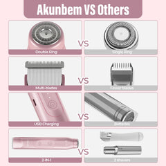 Akunbem Bikini Trimmer for Women, Electric Shaver and Razor Rechargeable 2-In-1 Body and Facial Epilator, Dual Heads for Painless Trimming of Pubic Hair, Face, Underarms and Legs, IPX7 Waterproof. Christmas Gift New Year Gift Shaving Grooming Tiktokshopba