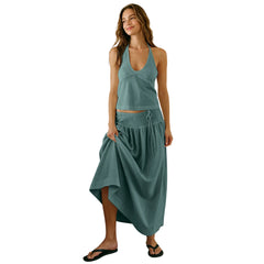 Mibbory 2 Piece Linen Skirt Set for Women 85%Cotton & 15%Linen Summer Outfits Sandshell Linen Skirt Set Sleeveless Halter Open Back Top Maxi Skirt Two Piece Sets with Pockets Cotton Blend Resort Vacation Casual Beach Travel Wear