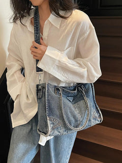 New Washed Denim Tote Bag, Retro Versatile Denim Shoulder Bag, Multifunctional Stylish Casual Crossbody Bag, Women’S Everyday Commuter Bag, Women’S Tote Bag with Adjustable Shoulder Strap, Casual Medium-Size Commuter Work Bag