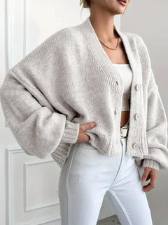 Women'S Elegant V-Neck Loose Fit Long Sleeve Knitted Cardigan, Lantern Sleeve Drop Shoulder Button Front Cardigan, Casual Outerwear for Fall & Winter, Knitwear, Womenswear, Clothes