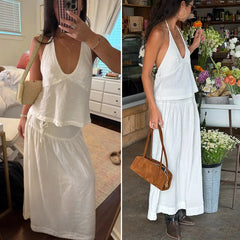 Mibbory 2 Piece Linen Skirt Set for Women 85%Cotton & 15%Linen Summer Outfits Sandshell Linen Skirt Set Sleeveless Halter Open Back Top Maxi Skirt Two Piece Sets with Pockets Cotton Blend Resort Vacation Casual Beach Travel Wear