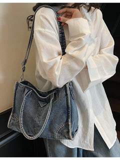 New Washed Denim Tote Bag, Retro Versatile Denim Shoulder Bag, Multifunctional Stylish Casual Crossbody Bag, Women’S Everyday Commuter Bag, Women’S Tote Bag with Adjustable Shoulder Strap, Casual Medium-Size Commuter Work Bag