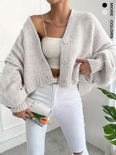 Women'S Elegant V-Neck Loose Fit Long Sleeve Knitted Cardigan, Lantern Sleeve Drop Shoulder Button Front Cardigan, Casual Outerwear for Fall & Winter, Knitwear, Womenswear, Clothes